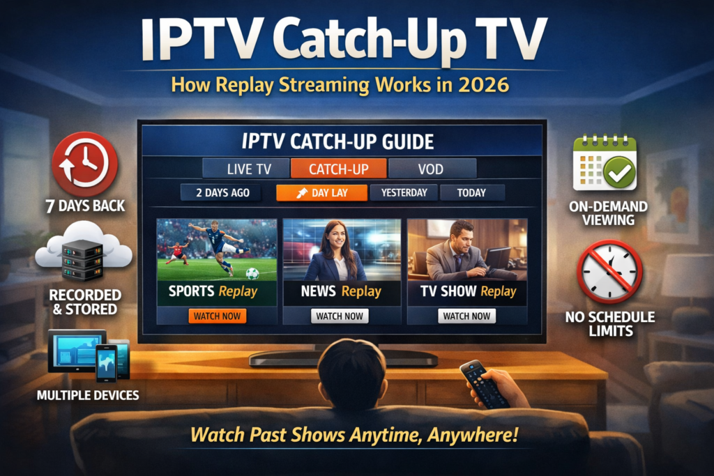 IPTV catch-up TV feature replaying previous television programs through IPTV streaming interface