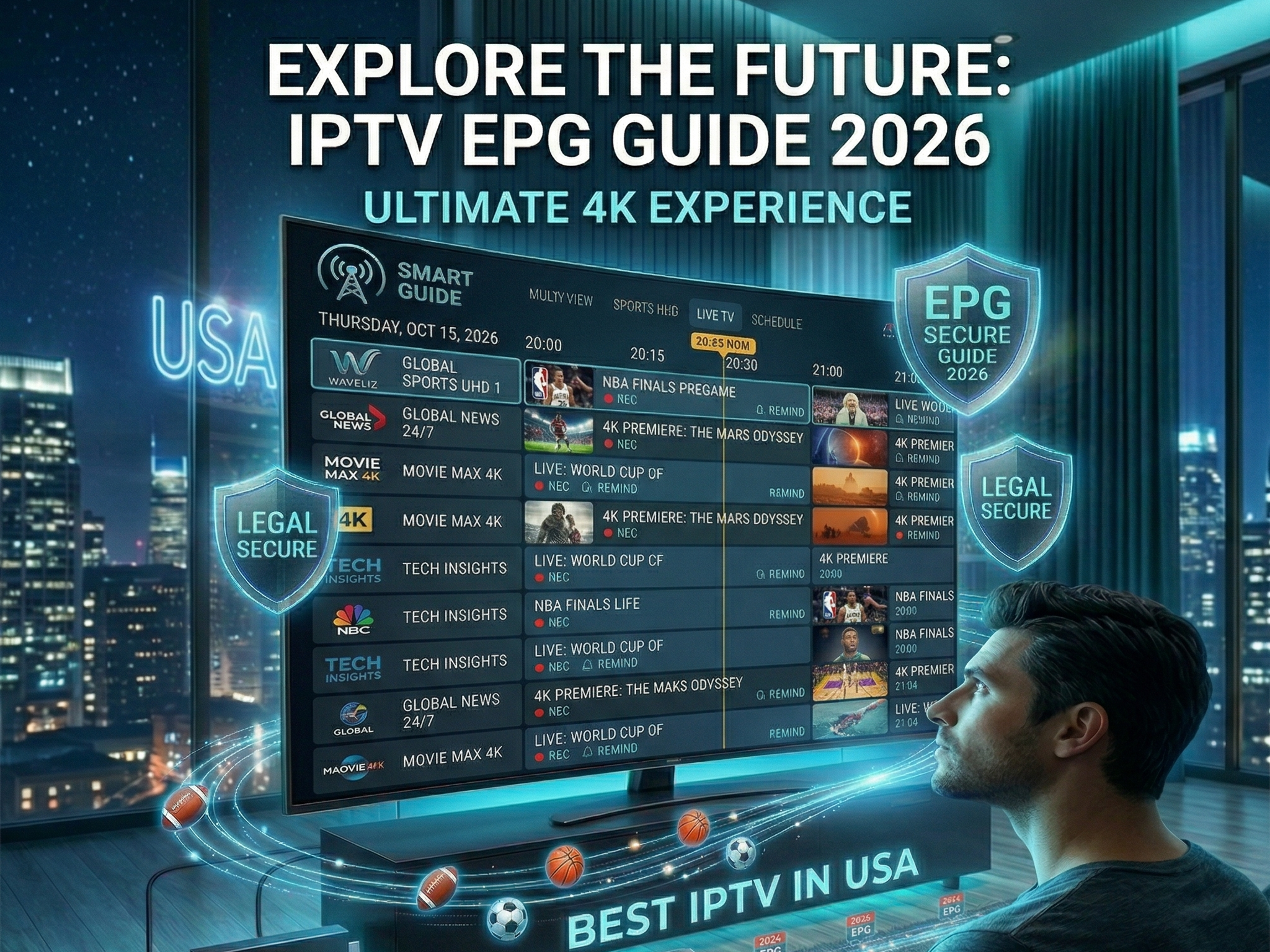 IPTV EPG interface showing TV guide and channel schedule